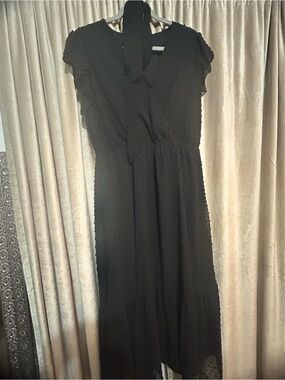 Black Maxi Dress with Tie Neck and Swiss Dot Texture